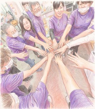 スタッフみんなで手を重ねる、大勢の仲間のイラスト